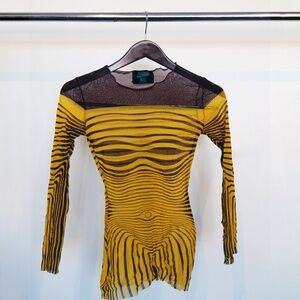 Jean Paul Gaultier Yellow & Ox Blood Optical Contour Mesh Long Sleeve Top
